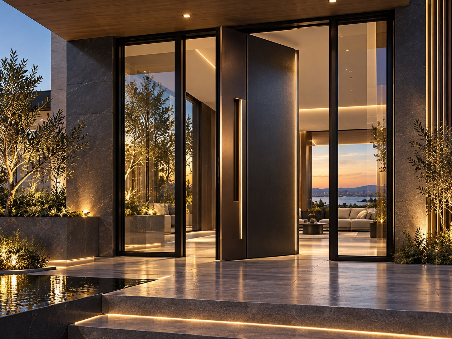 Architectural visualization of a dark aluminum pivot entry door in a modern residence