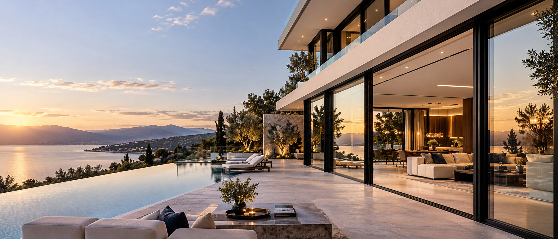 Architectural visualization of a contemporary villa with broad aluminum-framed sliding doors; not a customer installation