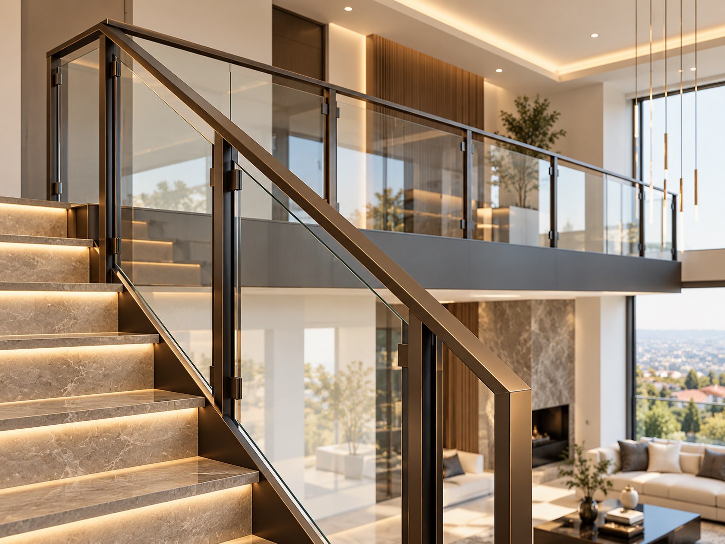 Architectural visualization of a glass railing along an interior stair in a modern residence