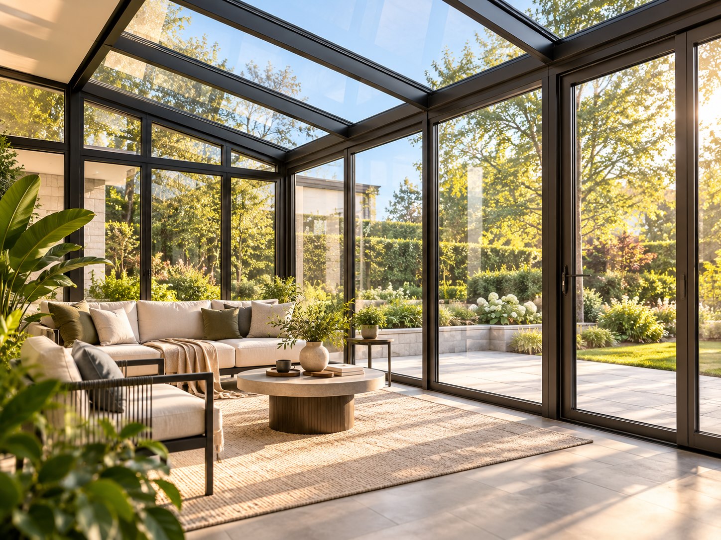 Architectural visualization of an enclosed glazed sunroom