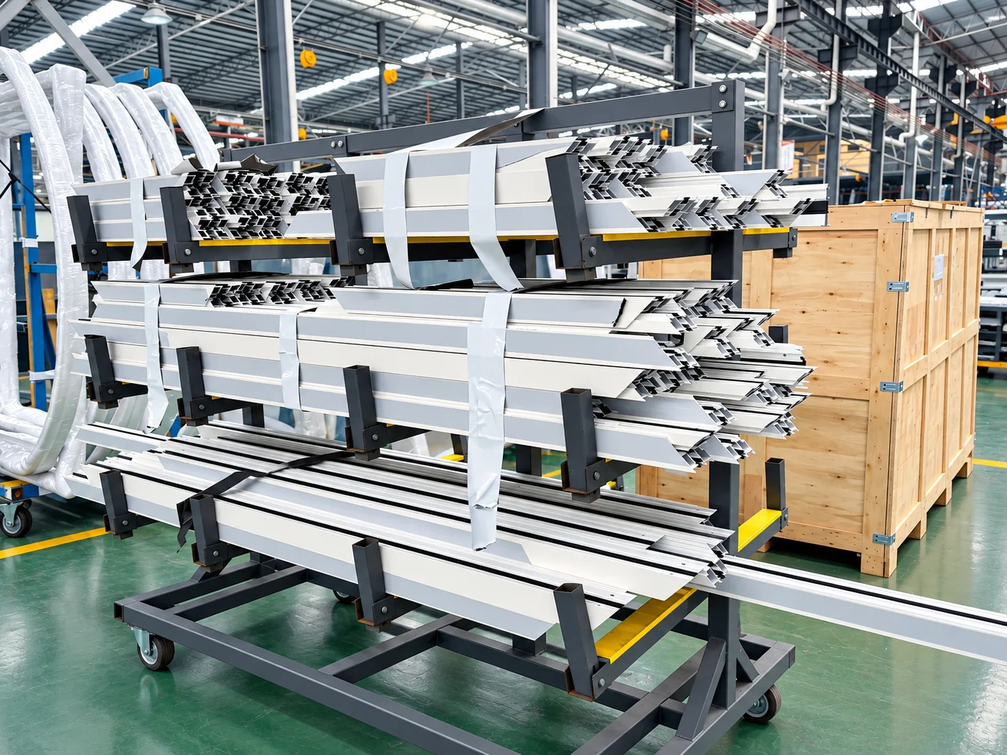 Aluminum frame components arranged at a workshop assembly station; order not identified