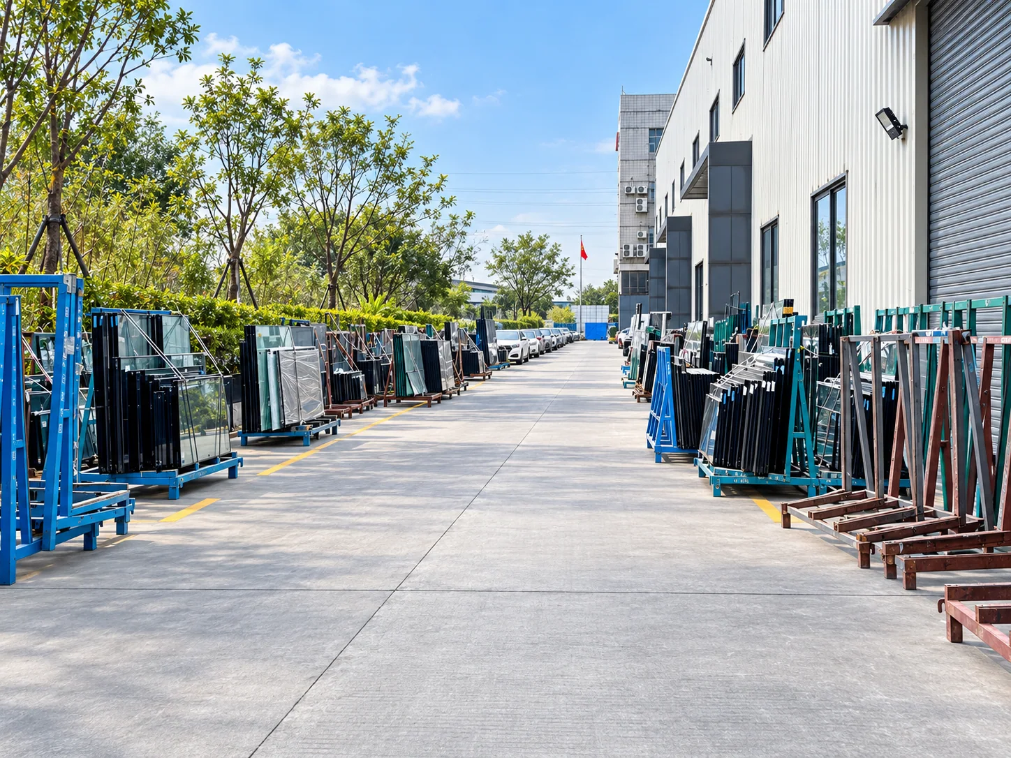 Warehouse aisle with staged aluminum window and door systems