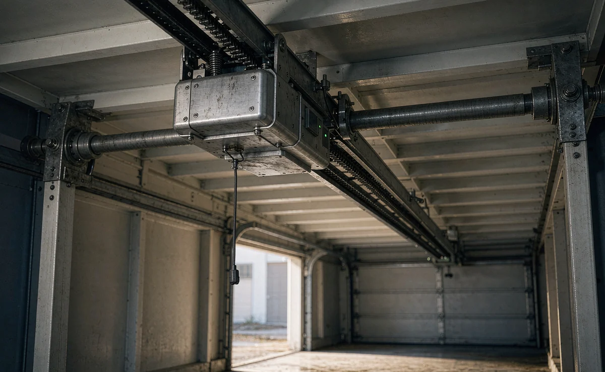 Chain drive opener mounted on a garage ceiling with its rail and release cord
