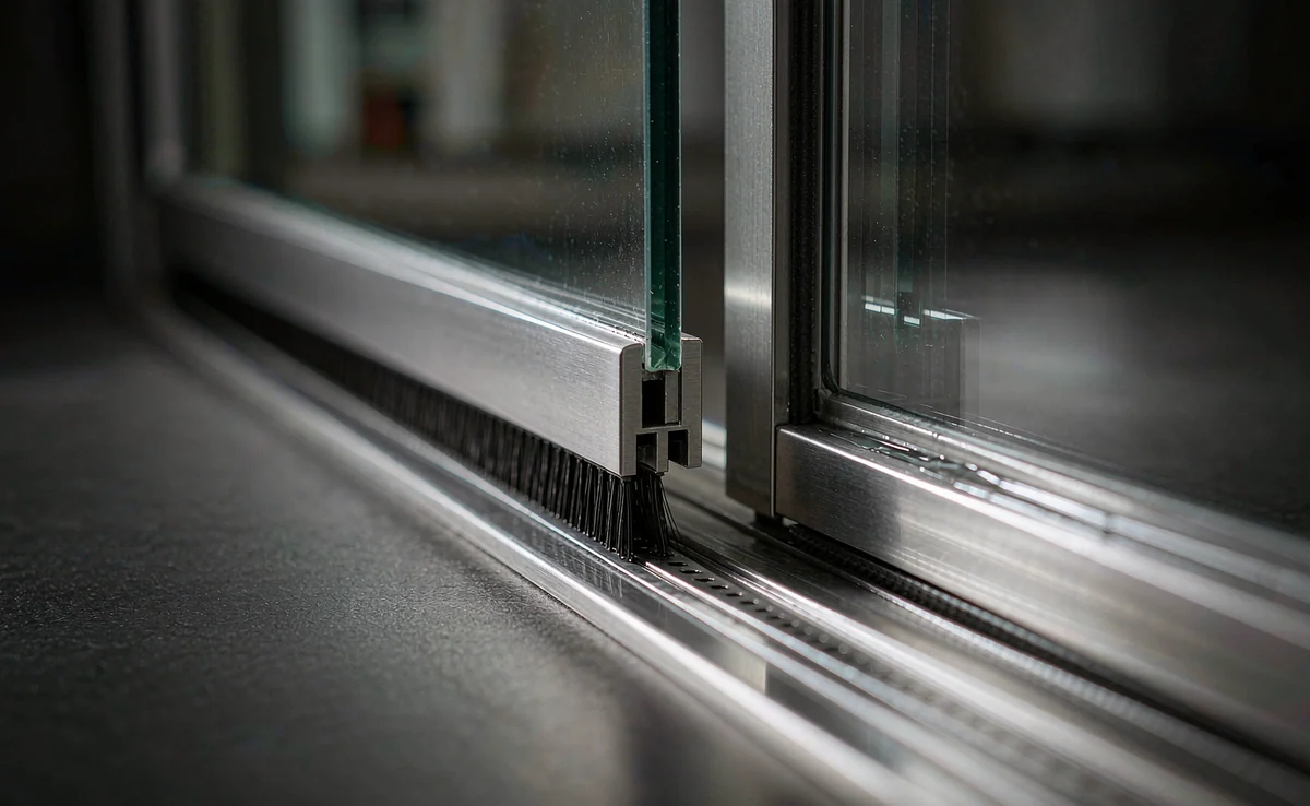 Lower track where the stainless rail meets the brush seal and drainage slot