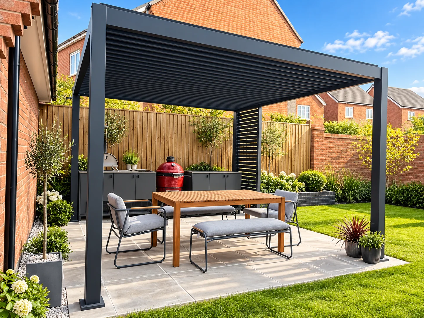 Photographed aluminum louvered pergola in a residential patio application