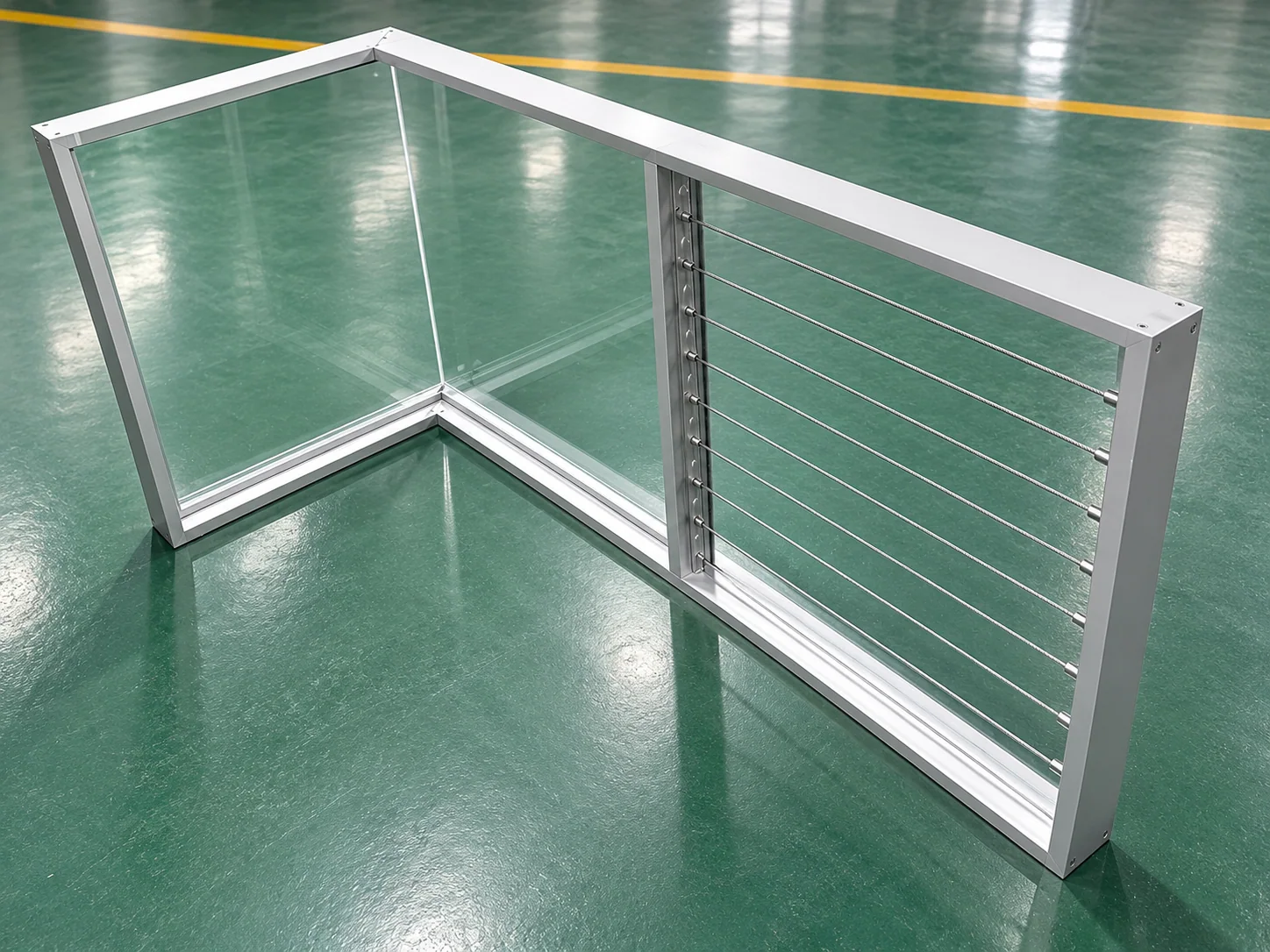 Photographed glass and cable railing sample in a workshop
