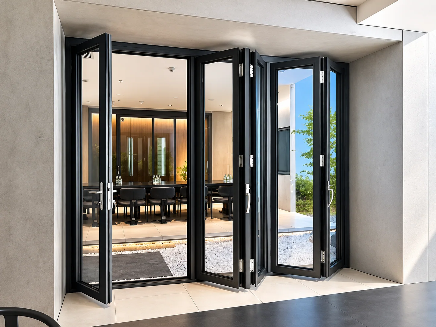 Company product-library photograph of a multi-panel aluminium bifold door folded open at an indoor display; exact series to confirm