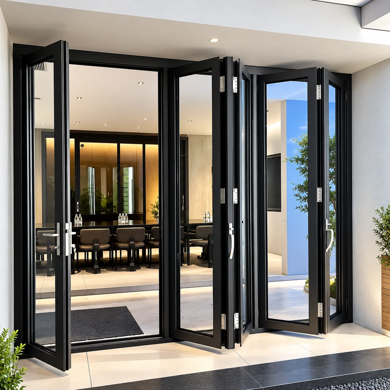 Company product-library photograph of a multi-panel aluminium bifold door folded open at an indoor display
