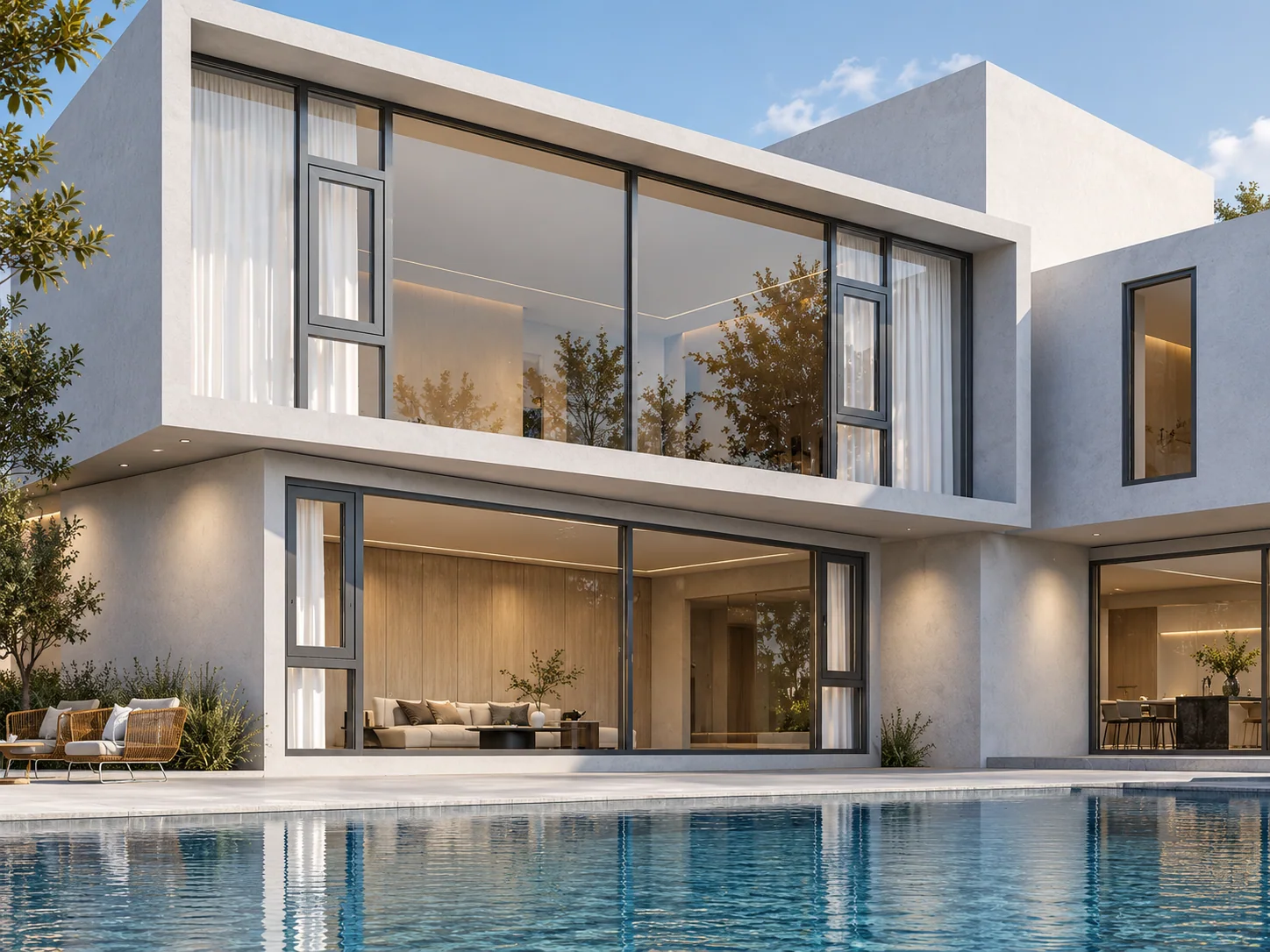 Illustrative modern residence with aluminum-framed casement windows; not a customer installation