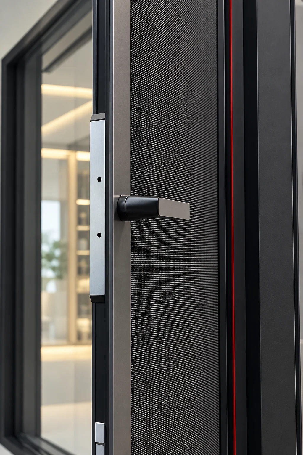Close detail of a photographed aluminium casement-window handle and frame edge