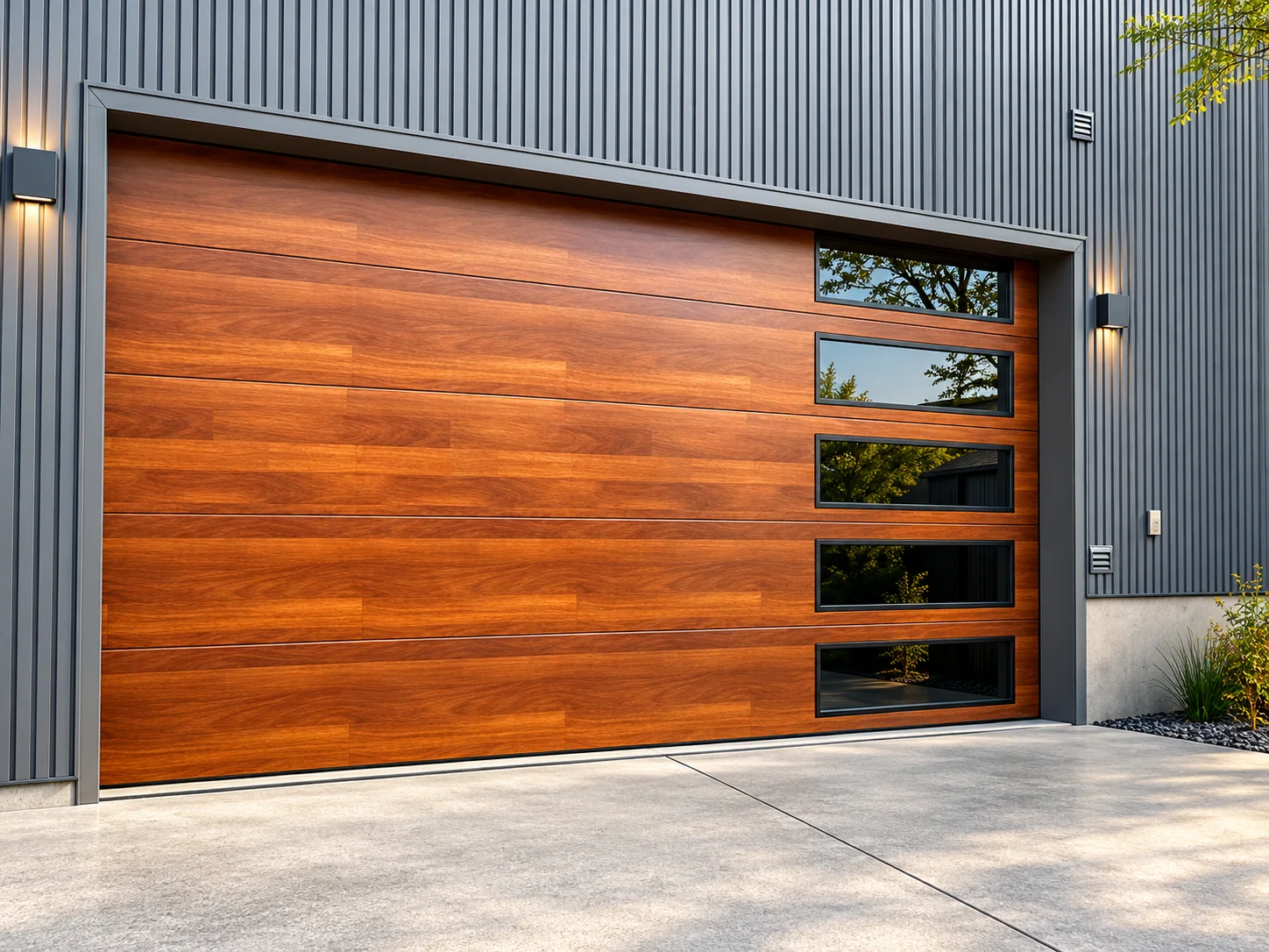 Wood-finish sectional garage door installed at a residential opening