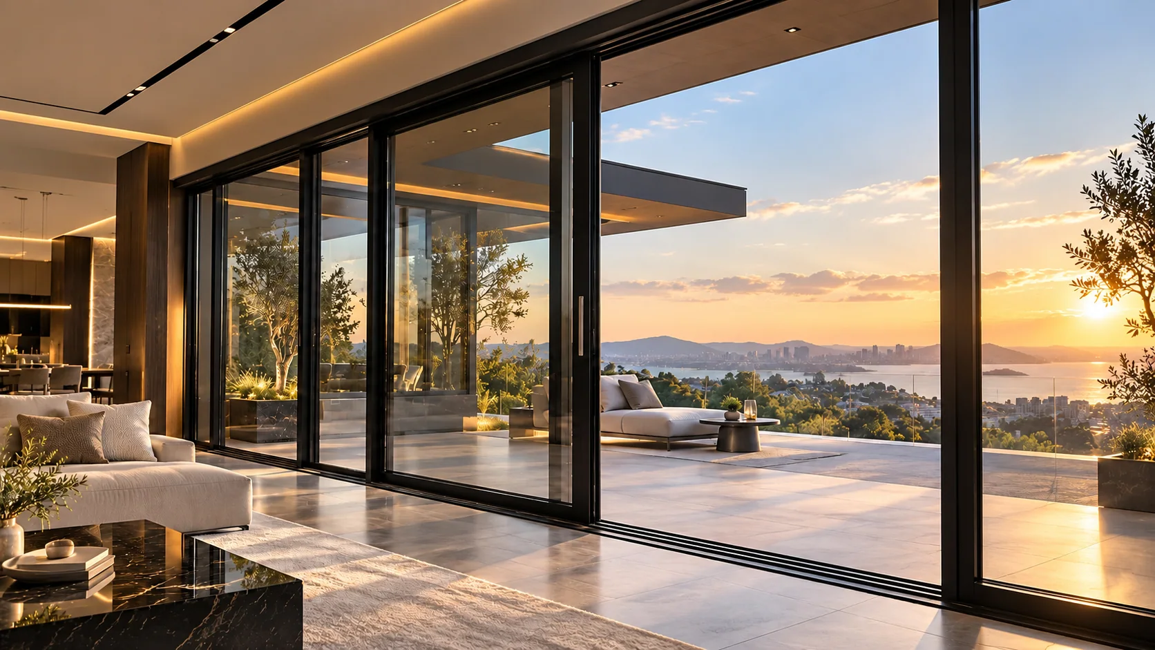 Architectural visualization of a large glazed residential opening, not a verified mechanism detail