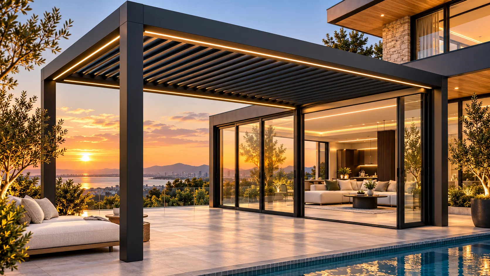 Architectural visualization of an aluminium louvered pergola over an outdoor lounge