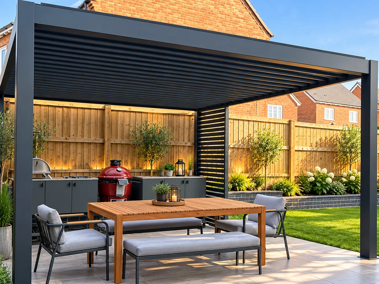 Photographed louvered pergola in a residential patio setting; model and location not identified; illustrative application, not a documented customer installation