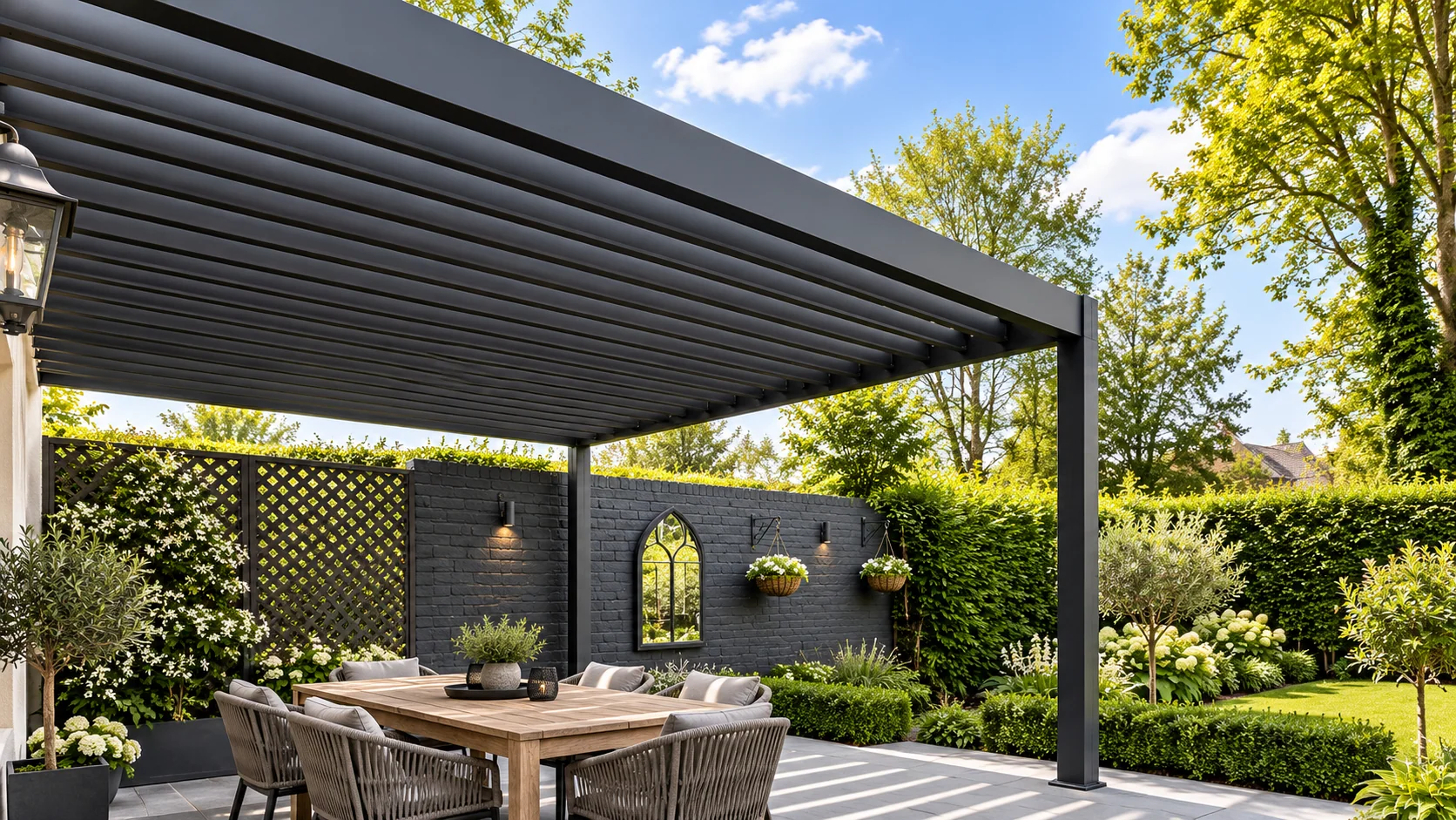 Parallel roof louvers and edge beam on an aluminium pergola