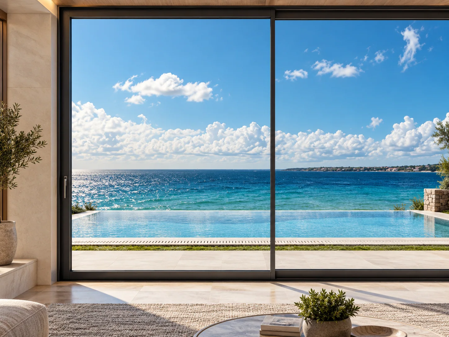 Sliding-door catalogue application showing two glazed panels and a coastal terrace