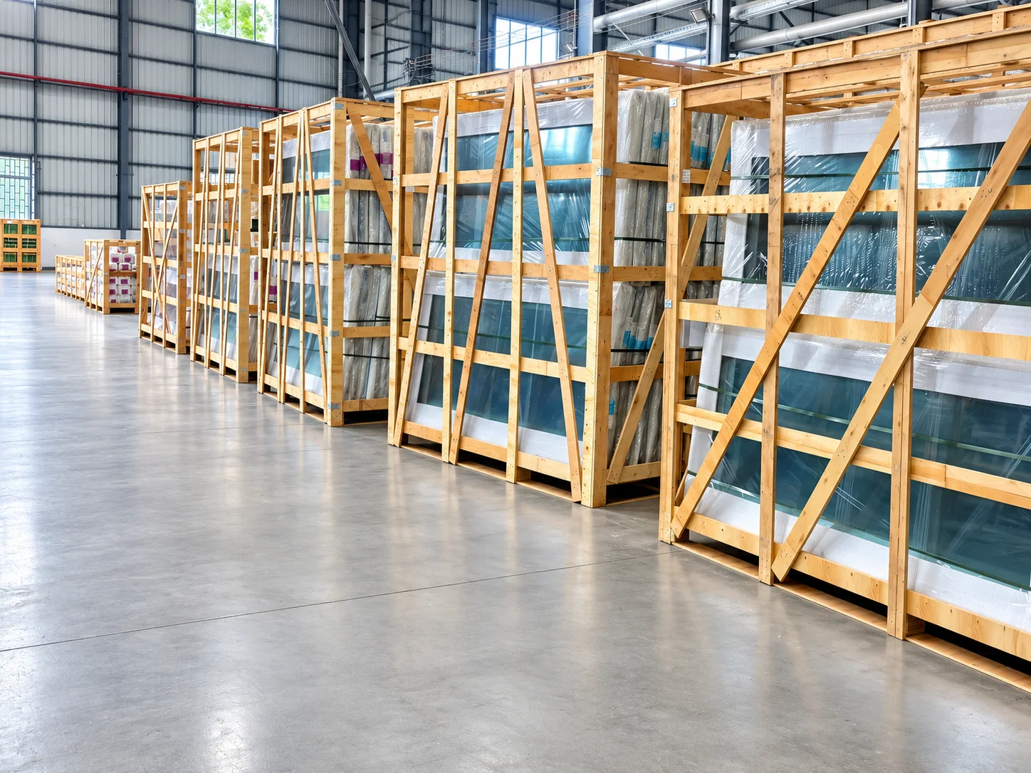Glazed window and door units protected in timber handling racks inside a warehouse