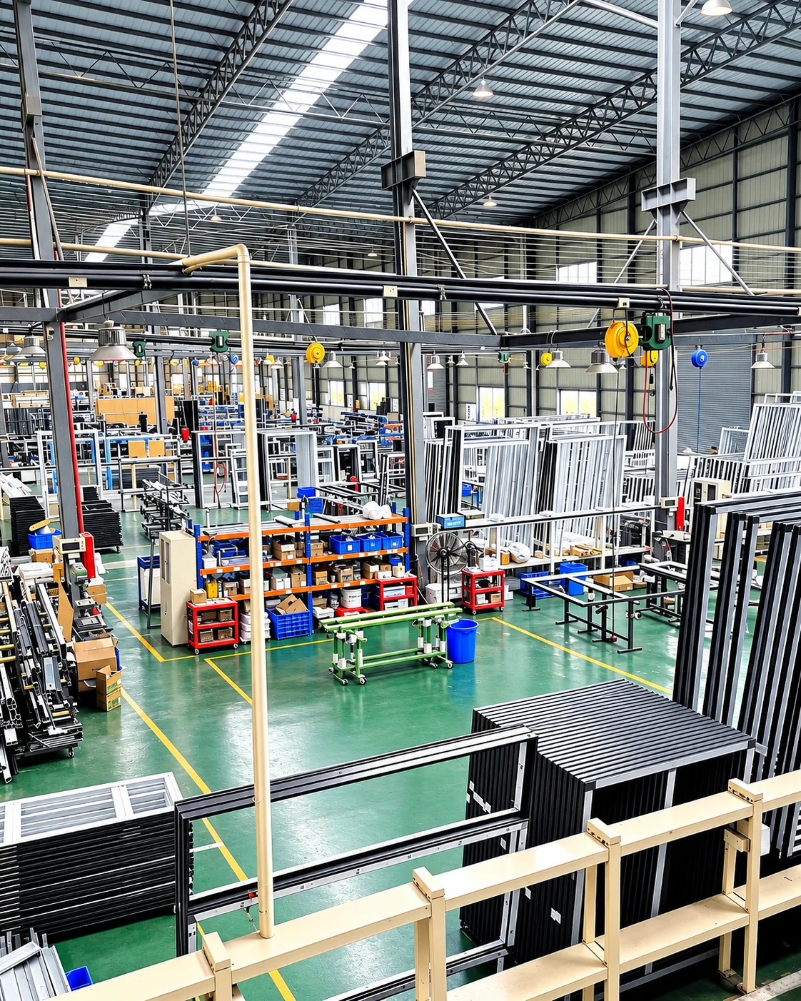 Supplied photograph of a workshop floor with window and door samples; specific production line not identified