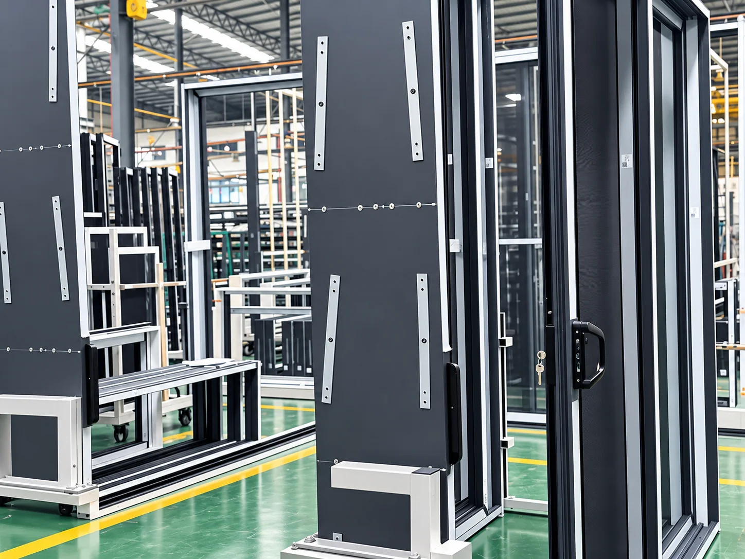Photographed sliding-door samples displayed in a workshop; exact system series is unconfirmed