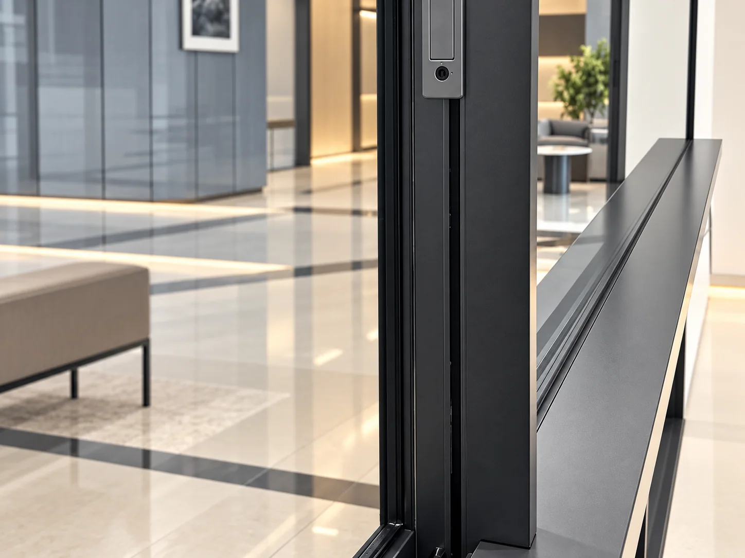 Close detail of a real sliding-window frame and sash in a showroom