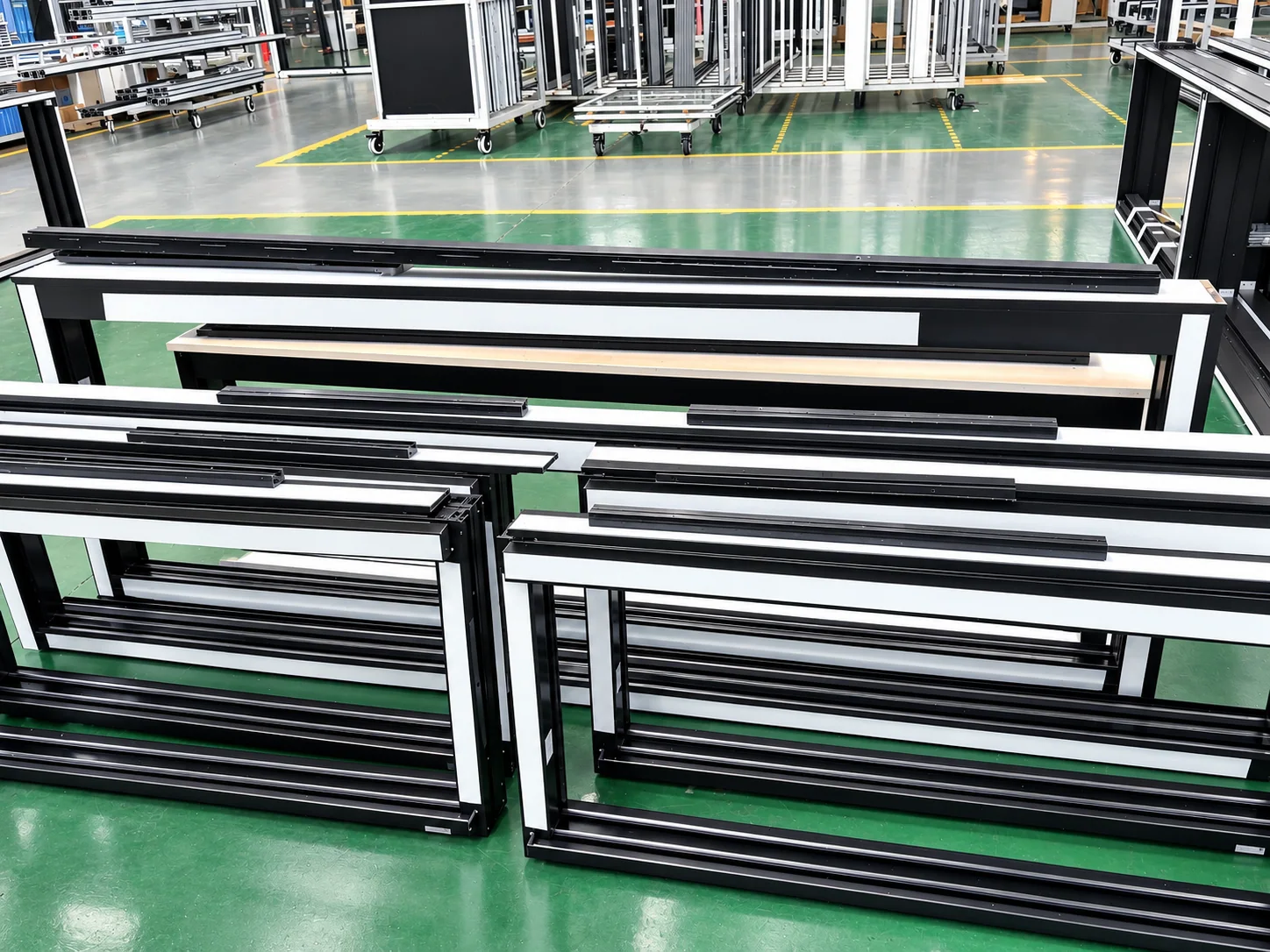 Sliding-window frame samples stored in a workshop; product/material view, not an installation