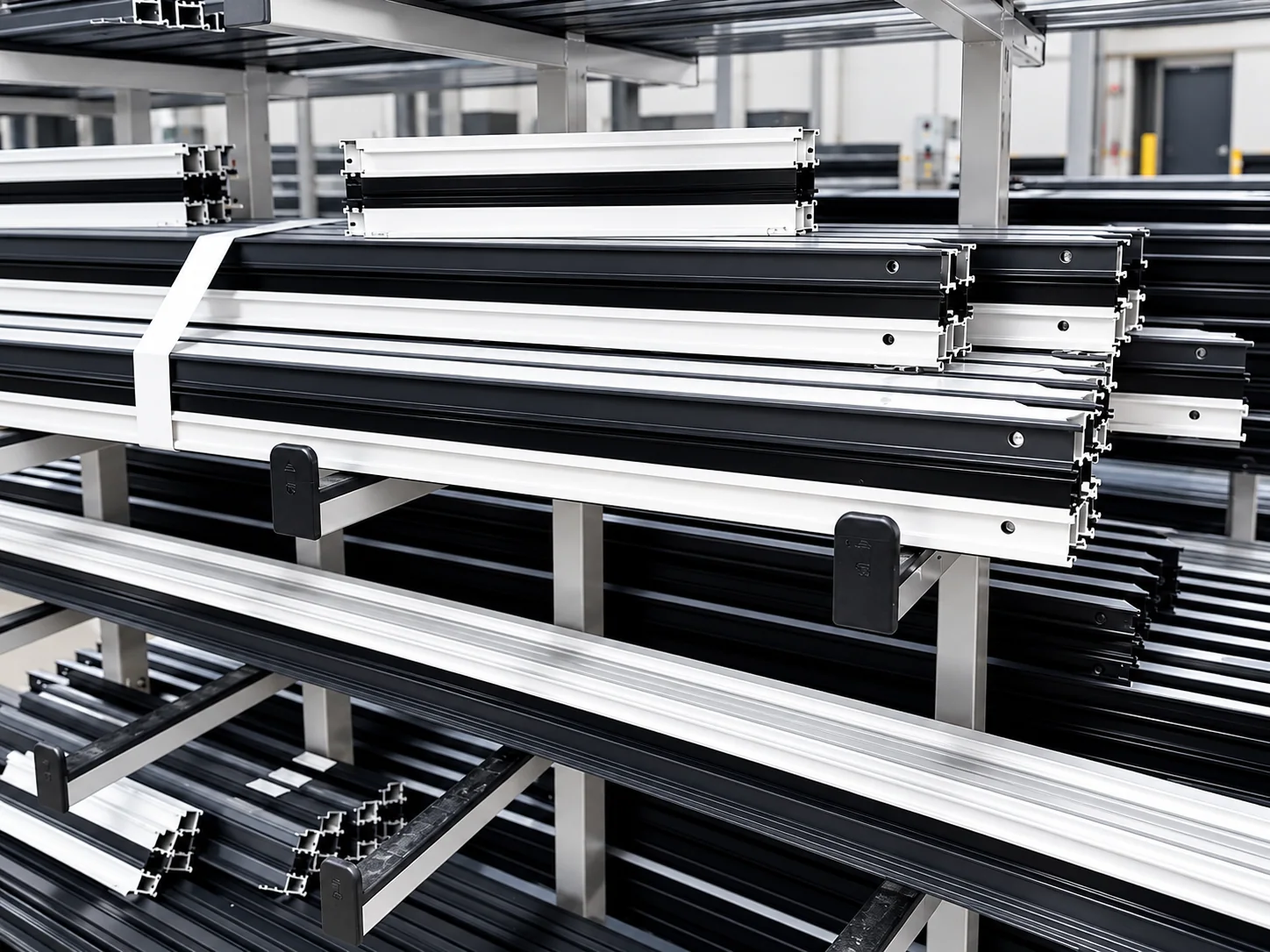 Aluminum profile stock staged inside a workshop; specific cutting operation not shown
