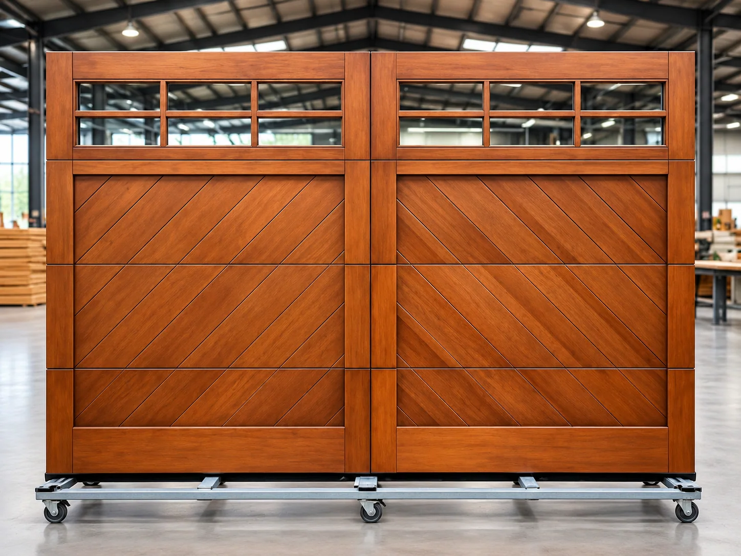 Sectional garage-door sample with glazed upper panels displayed in a workshop