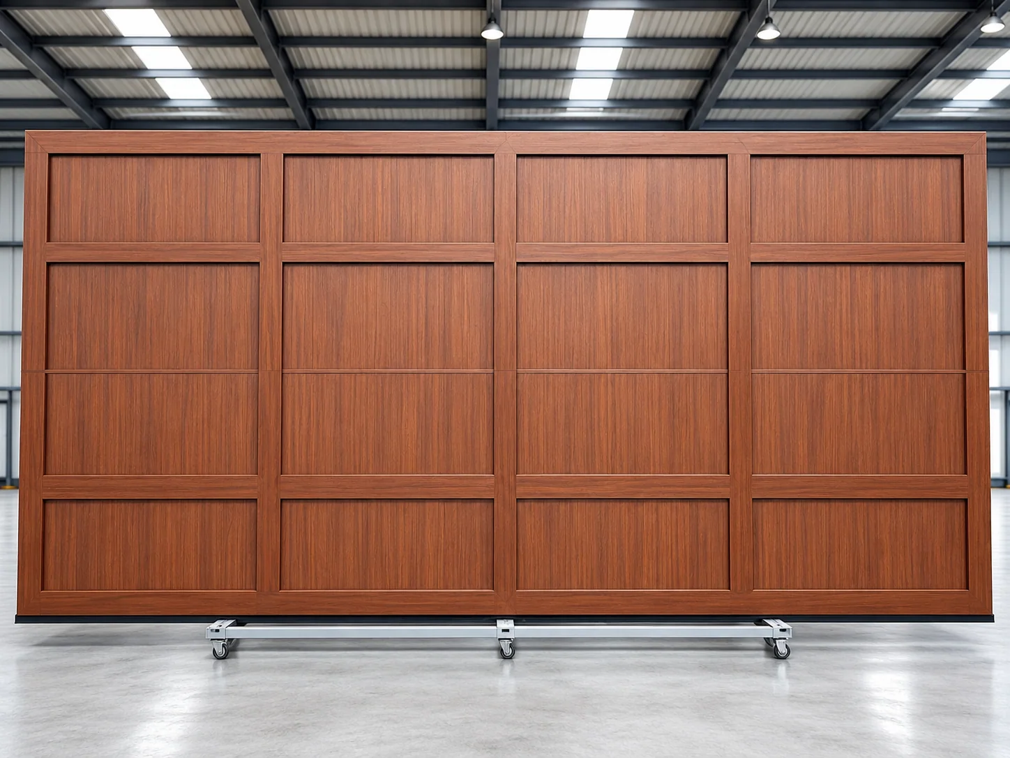 Solid sectional garage-door sample displayed in a workshop