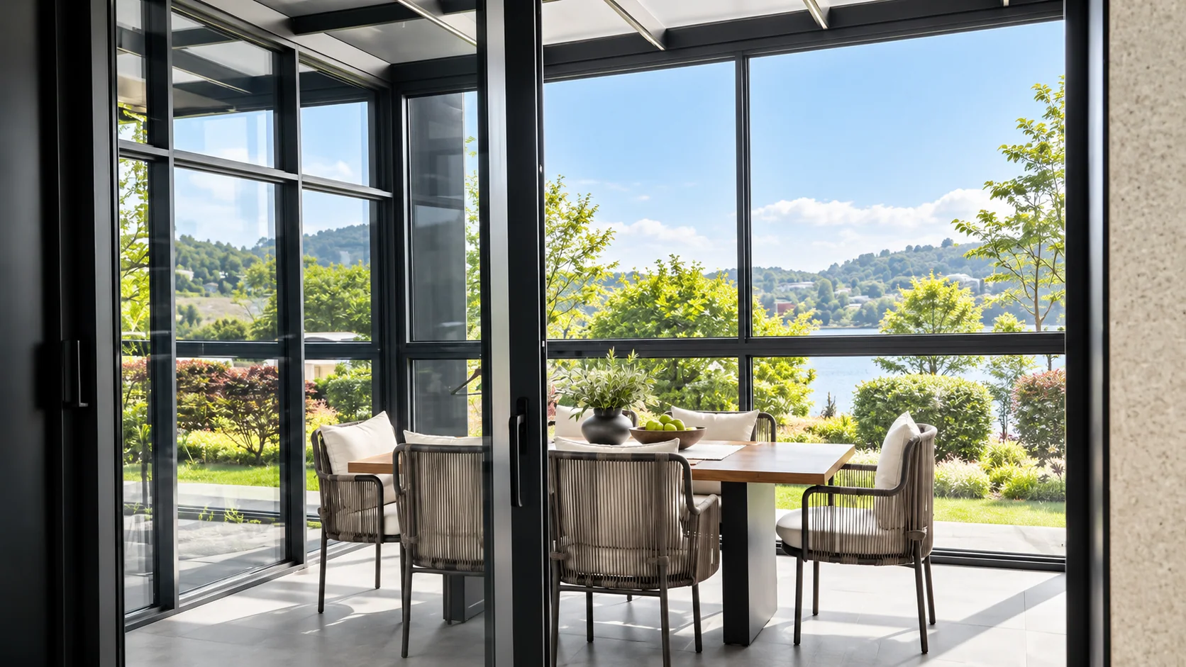 Company-supplied interior photograph of a glazed enclosure; roof build-up and series not identified; illustrative application, not a documented customer installation