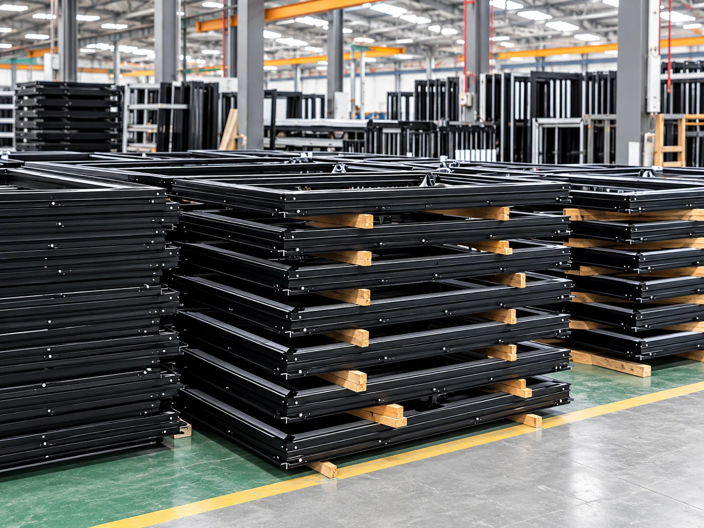Aluminum frame assemblies stacked in a warehouse handling area; order not identified