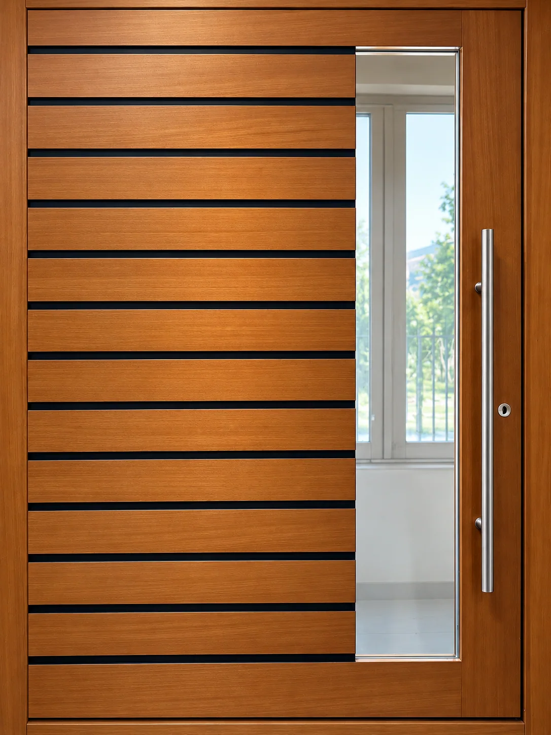 Real photographed wood-finish entry-door panel design sample