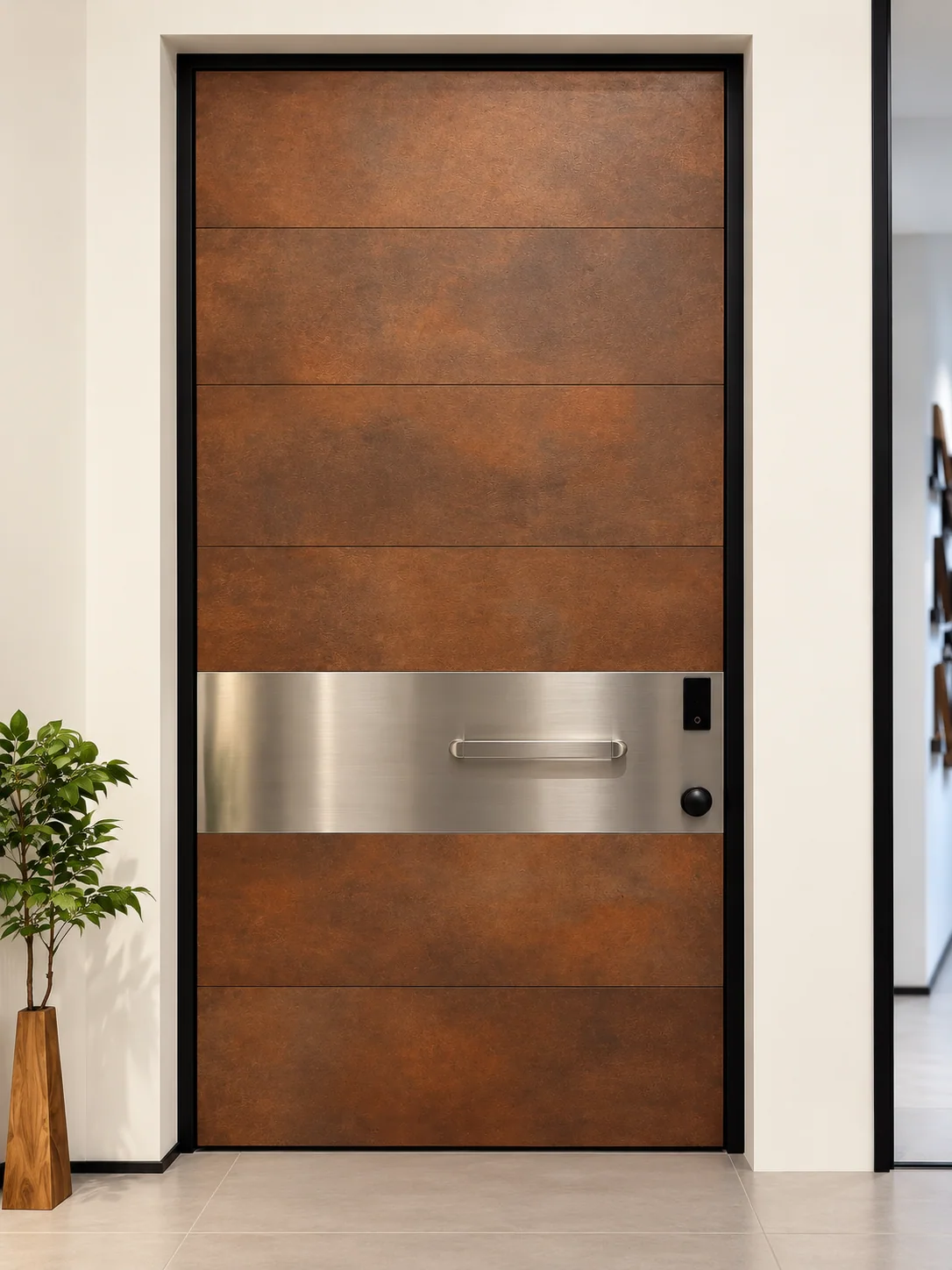 Aluminum entry-door sample photographed indoors; series and project not identified; illustrative application, not a documented customer installation