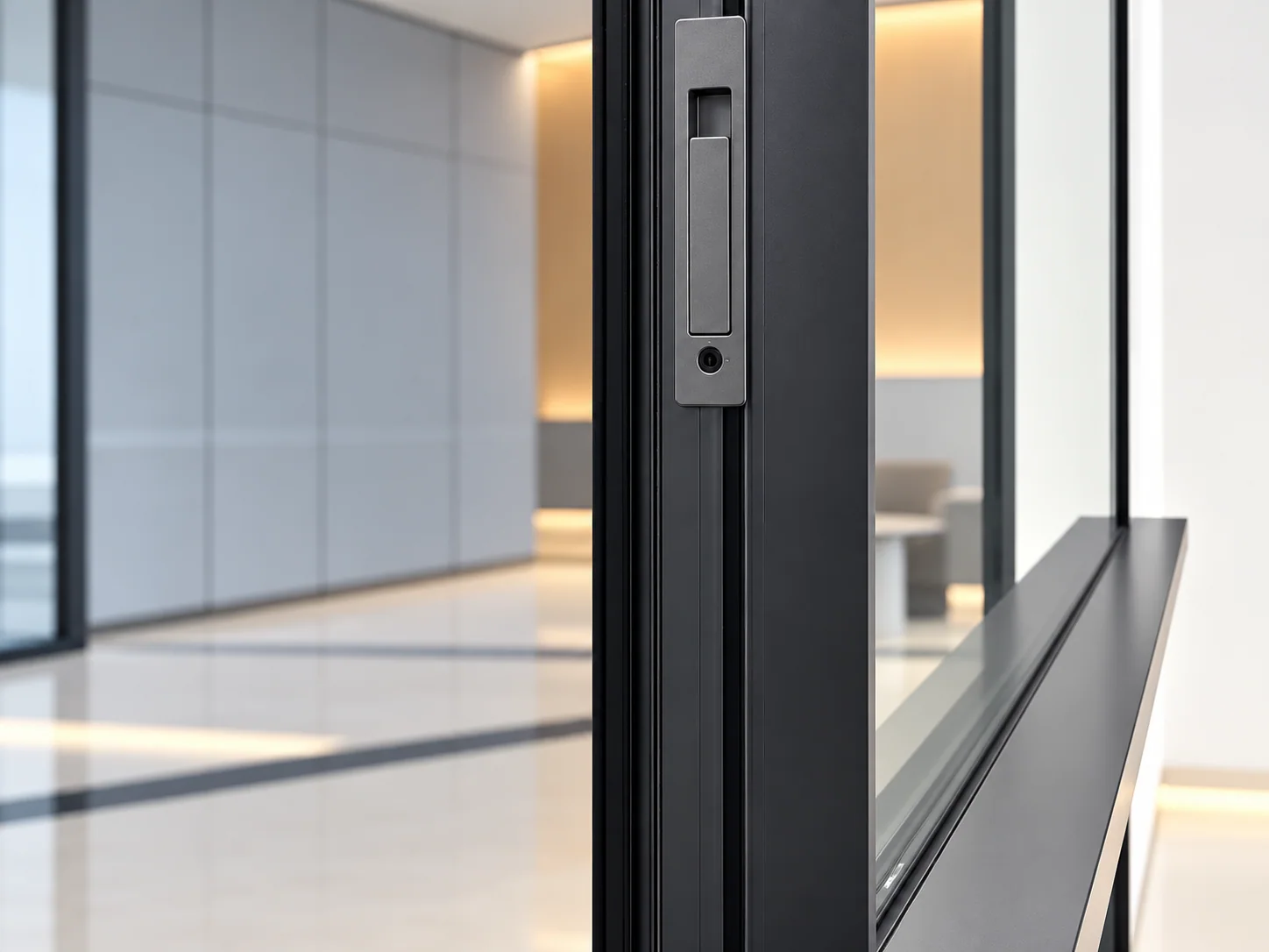 Real close view of a sliding-door frame and glazed panel in a room display